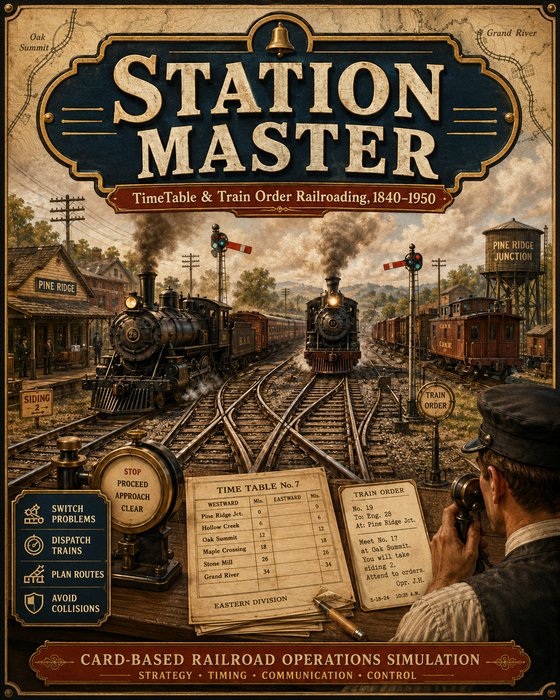 Station Master — TimeTable & Train Order Railroading, 1840&ndash;1950. Box art: two trains meet at a junction beside a train order office.